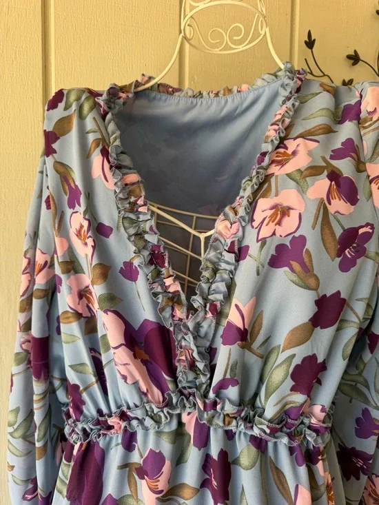 Floral V-Neck Long Sleeve Maxi Dress - Blue with Pink & Purple Flowers XXL - Picture 2 of 9